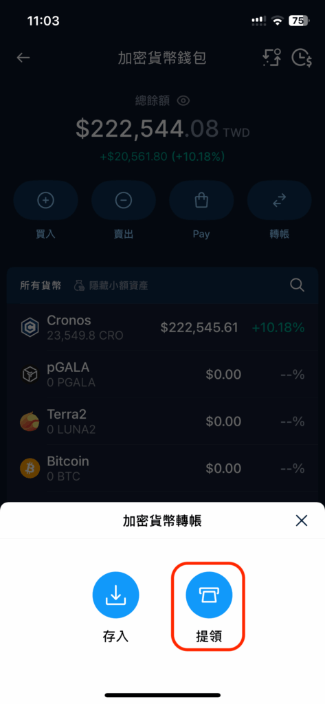 從加密貨幣錢包（帳戶）頁面中，點選「轉帳」，再點選提領