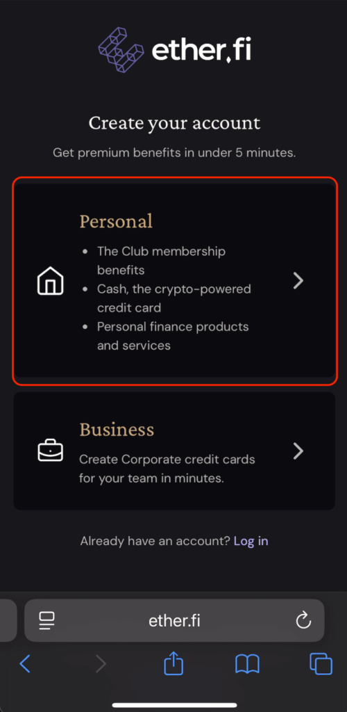 點選「個人」，建立 Ether.fi 帳號