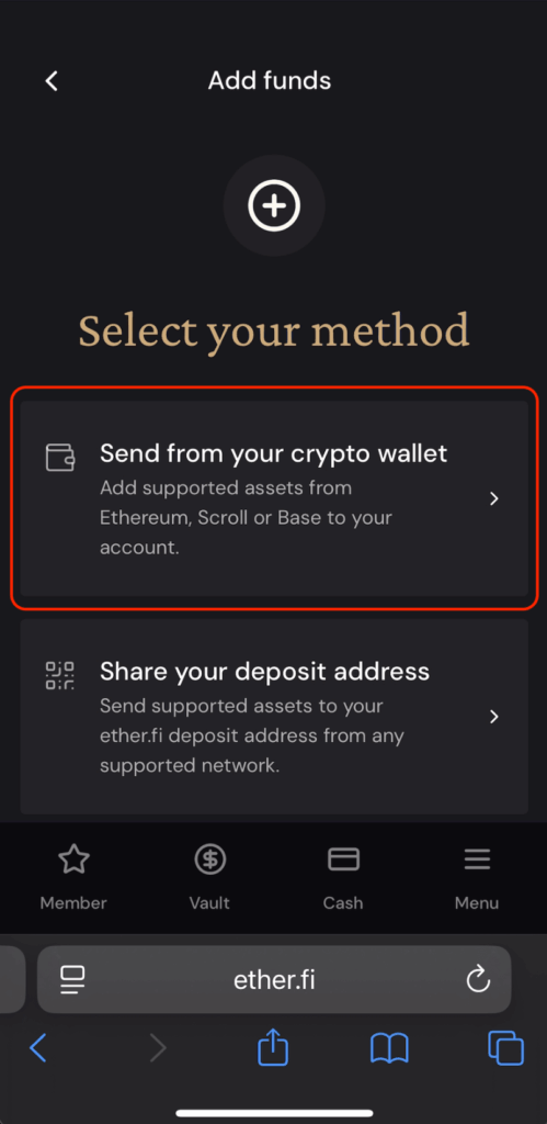 申請卡片前，必須先執行入金（小額  USDC 即可），可以透過其他交易所或是錢包入金
