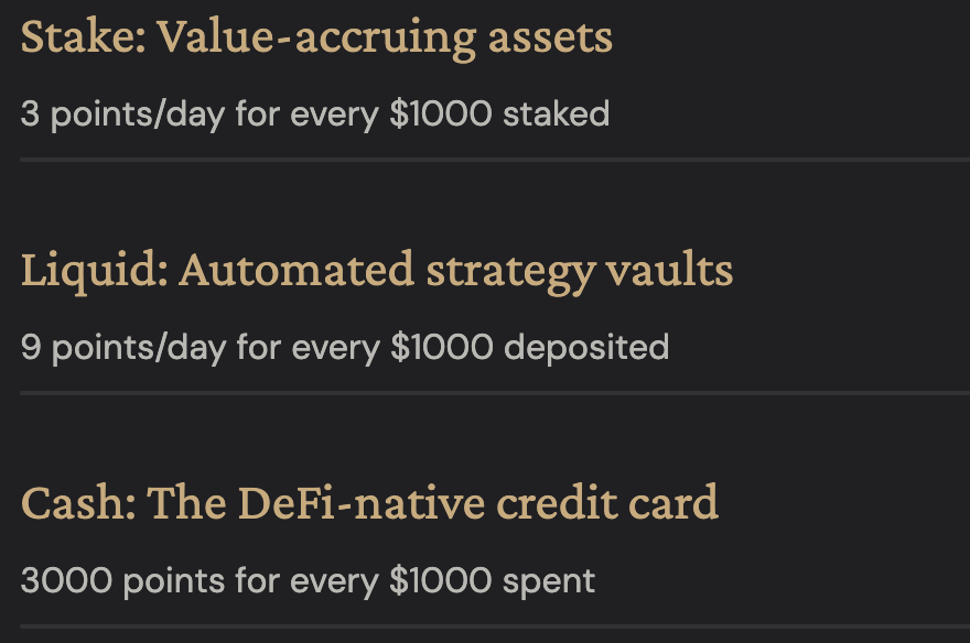消費累積

每消費 ,000 美元，可獲得 3,000 點忠誠度積分。

質押累積

質押等值每 ,000 美元加密貨幣，一天可獲得 3 點忠誠度積分。

LiquidUSD 流動性金庫累積

將穩定幣存入 LiquidUSD 流動性金庫 ( Vault )，每存入 ,000 美元，一天可獲得 9 點忠誠度積分。