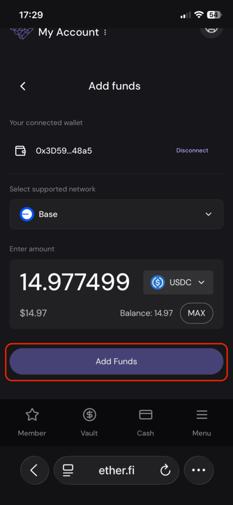 填入完交易金額，點擊add fund