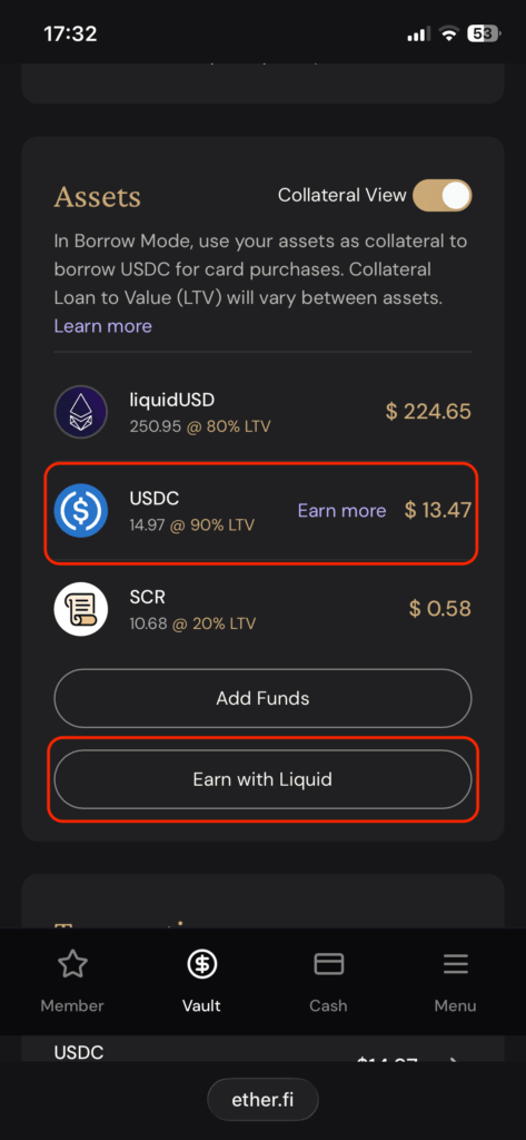 出現剛剛成功匯入的usdc，點擊賺取流動性收益