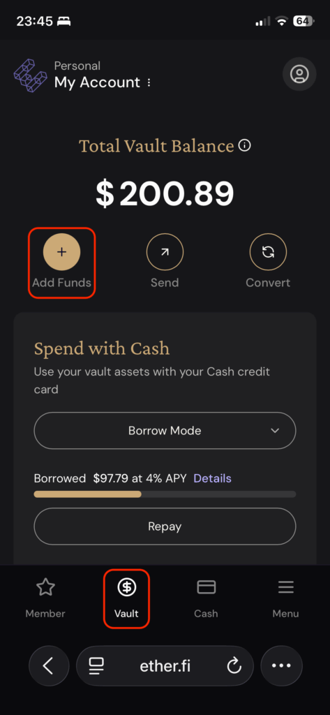 在vault點擊add fund介面