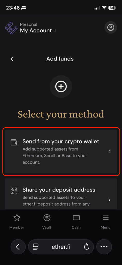 選擇從錢包入金