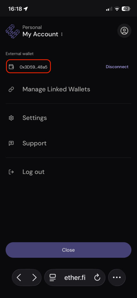 確認錢包地址顯示在頁面上