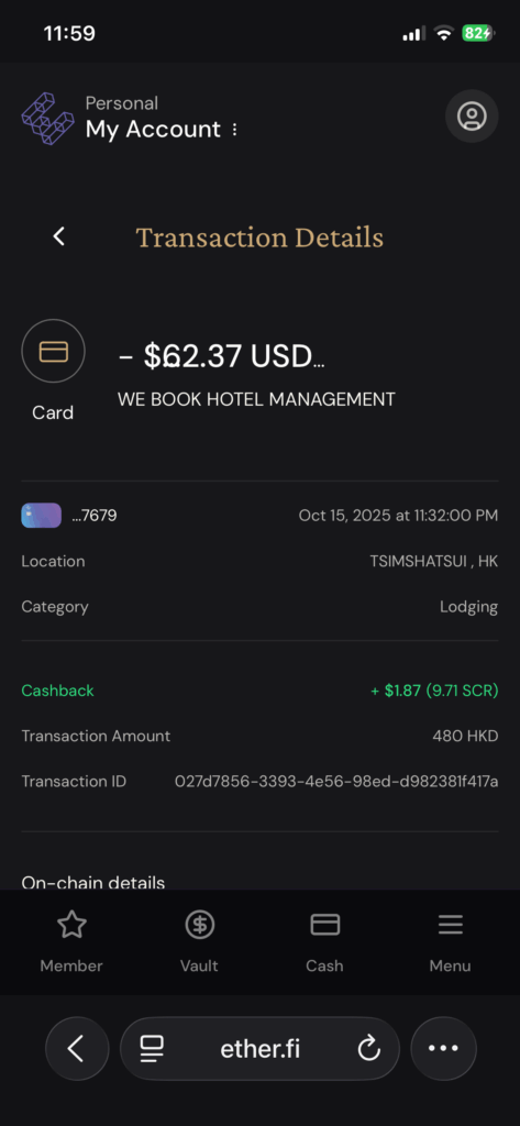 預定香港飯店第一晚住宿消費明細