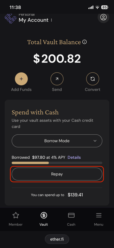 點擊repay可以還款